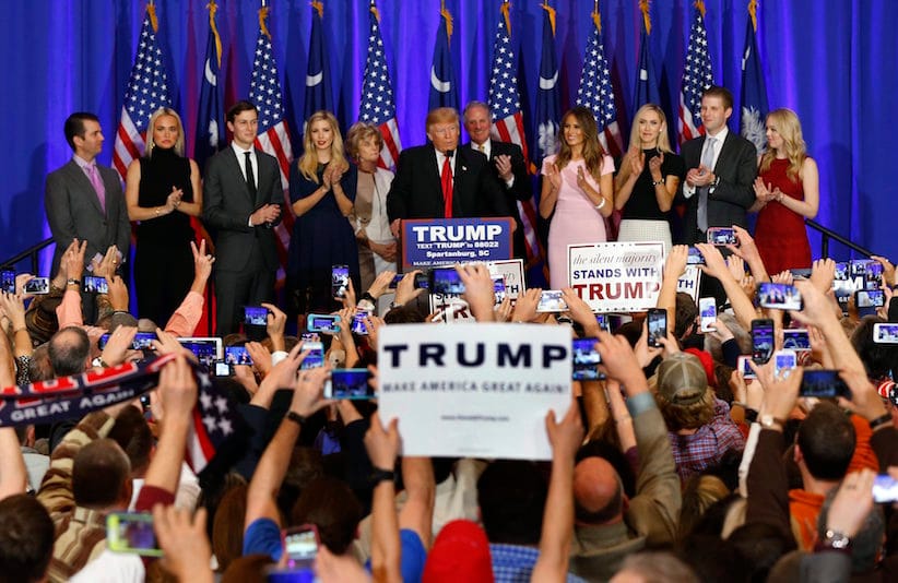 Republican presidential candidate Donald Trump speaks during a South Carolina Republican primary night event, Saturday, Feb. 20, 2016 in Spartanburg, S.C. (AP Photo/Paul Sancya)