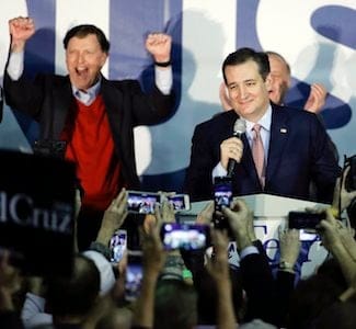 Republican presidential candidate, Sen. Ted Cruz, R-Texas, speaks during a caucus night rally, Monday, Feb. 1, 2016, in Des Moines, Iowa. Cruz sealed a victory in the Republican Iowa caucuses, winning on the strength of his relentless campaigning and support from his party's diehard conservatives.(AP Photo/Chris Carlson)