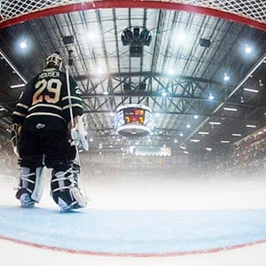 London Knights goalie Michael Houser stands in front of his net while fog cover the ice during the third period of their round-robin Memorial Cup ice hockey game in Shawinigan, Quebec. (Vincent Ethier/Reuters)