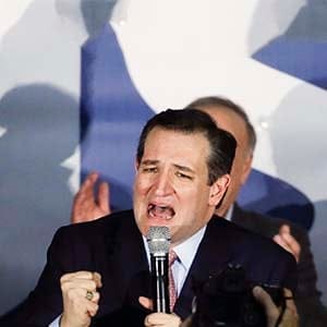 Republican presidential candidate, Sen. Ted Cruz, R-Texas, speaks during a caucus night rally as his wife Heidi listens Monday, Feb. 1, 2016, in Des Moines, Iowa. Cruz sealed a victory in the Republican Iowa caucuses, winning on the strength of his relentless campaigning and support from his party's diehard conservatives. (Chris Carlson/AP)