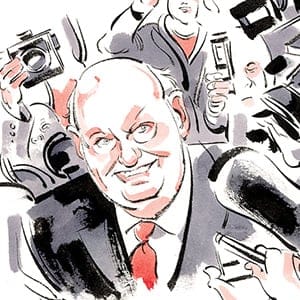 Reporters flocked to the courthouse each day of the trial. (Illustration by Kagan Mcleod)