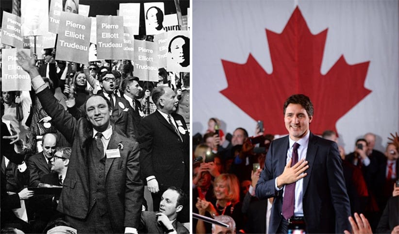 R: Pierre Trudeau waves to the crowd of supporters after winning the Liberal Leadership, April 6, 1968. (Chuck Mitchell/CP); L: Justin Trudeau is seen on stage at Liberal party headquarters in Montreal after winning the 42nd Canadian general election. (Sean Kilapatrick/CP)