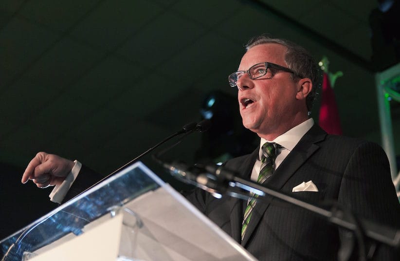 Brad Wall speaks during the Saskatchewan Party electoral victory at Palliser Pavilion in Swift Current, Saskatchewan, on Monday, April 4, 2016. THE CANADIAN PRESS/Michael Bell
