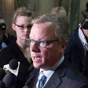 Brad Wall speaks to media one day after the Saskatchewan Party's electoral victory at the Legislative Building in Regina, Saskatchewan on Tuesday April 5, 2016. Michael Bell/CP