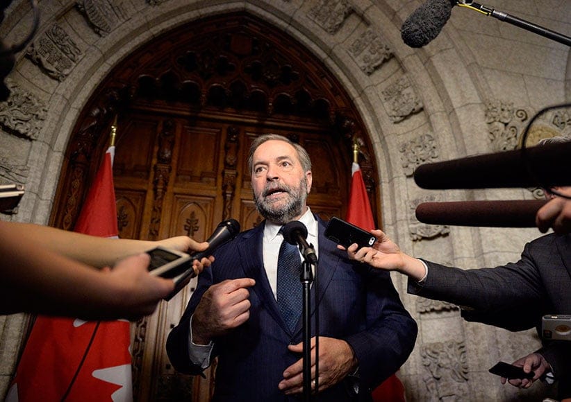 NDP leader Tom Mulcair speaks to reporters about the federal budget on Parliament Hill, Tuesday, March 22, 2016 in Ottawa. (Justin Tang/CP)