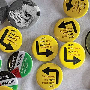 NDP buttons at the 2016 NDP Federal Convention in Edmonton, Alberta on Sunday, April 10, 2016. (Photograph by Amber Bracken)
