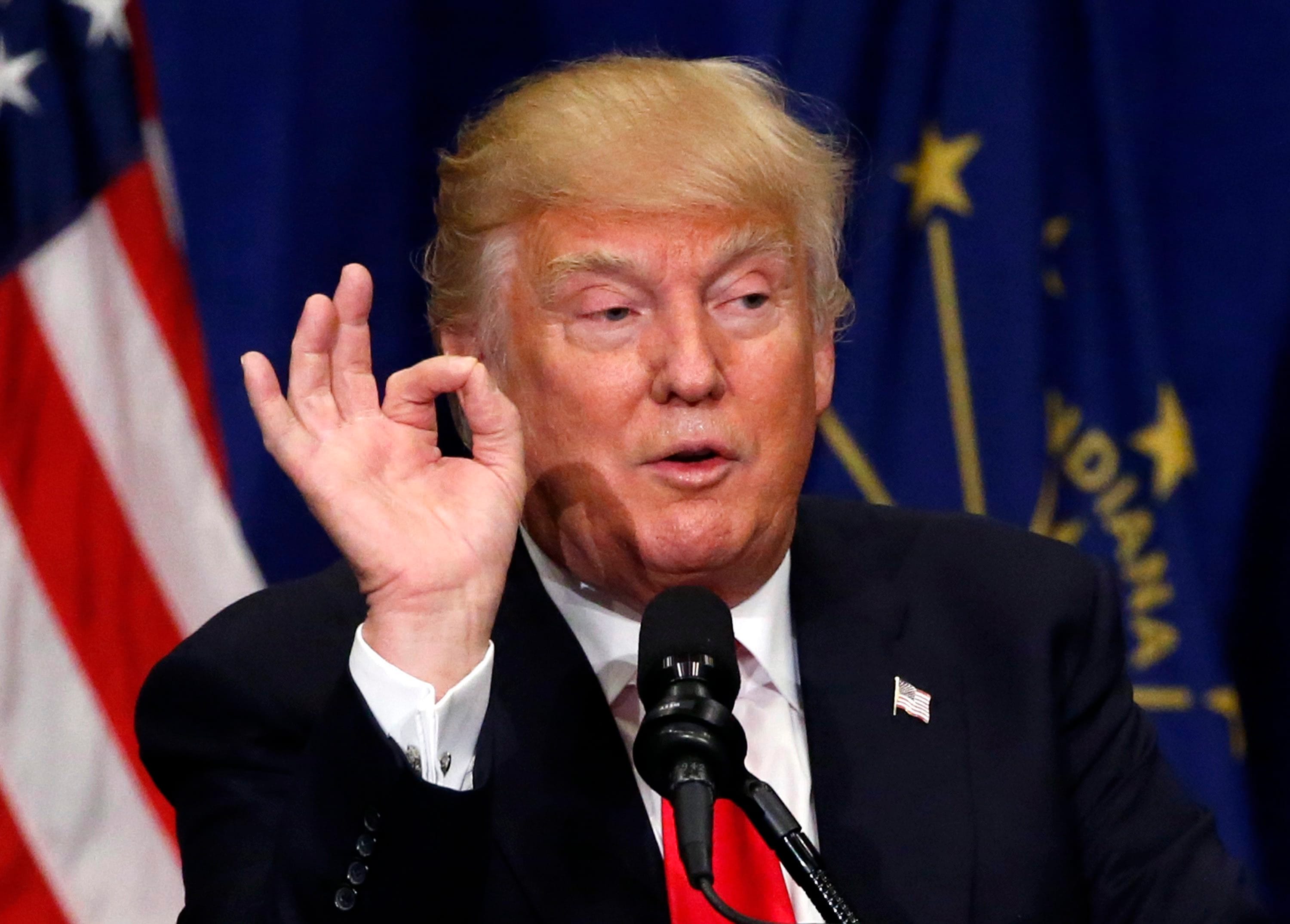 Republican presidential candidate Donald Trump speaks during a campaign stop Monday, May 2, 2016, in South Bend, Ind. (AP Photo/Charles Rex Arbogast)
