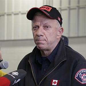 Fort McMurray, Alberta, fire chief Darby Allen speaks to members of the media at a fire station in Fort McMurray, Monday, May 9, 2016. A break in the weather has officials optimistic they have reached a turning point on getting a handle on the massive wildfire. Rachel La Corte/AP