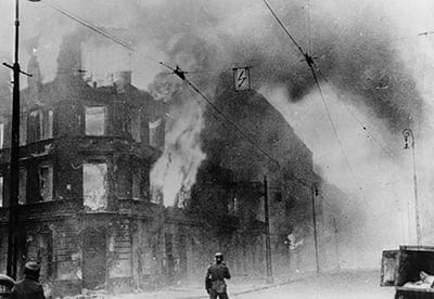 Fire breaks out during the Warsaw Ghetto Uprising, a Polish insurrection against the German forces who had occupied Poland at the start of World War II. By 1944 Warsaw was the centre of Polish resistance, but the army was forced to surrender on October 2nd 1944 under pressure from German air raids. (Keystone/Getty Images)