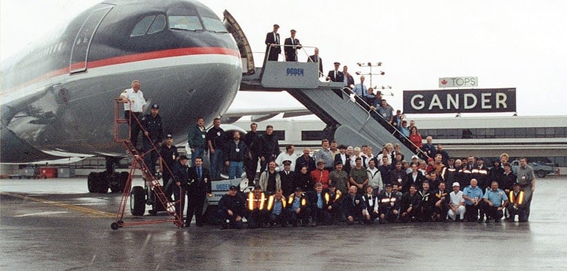This Sept. 15, 2001 photo provided by Des Dillon shows the last flight to leave the town after the passengers were stranded there for five days following the Sept. 11, 2001 terrorists attacks. Dillon, a Gander, Newfoundland, Canada resident headed up the emergency response for the Red Cross in Gander. (AP)