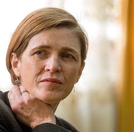 U.S. Ambassador to the United Nations Samantha Power pauses while speaking with Cameroon External Relations Minister Mbella Mbella as she arrives at Yaounde Nsimalen International Airport in Yaounde, Cameroon, Sunday, April 17, 2016. Power is visiting Cameroon, Chad and Nigeria to highlight the growing threat Boko Haram poses to the Lake Chad Basin region. (AP Photo/Andrew Harnik)