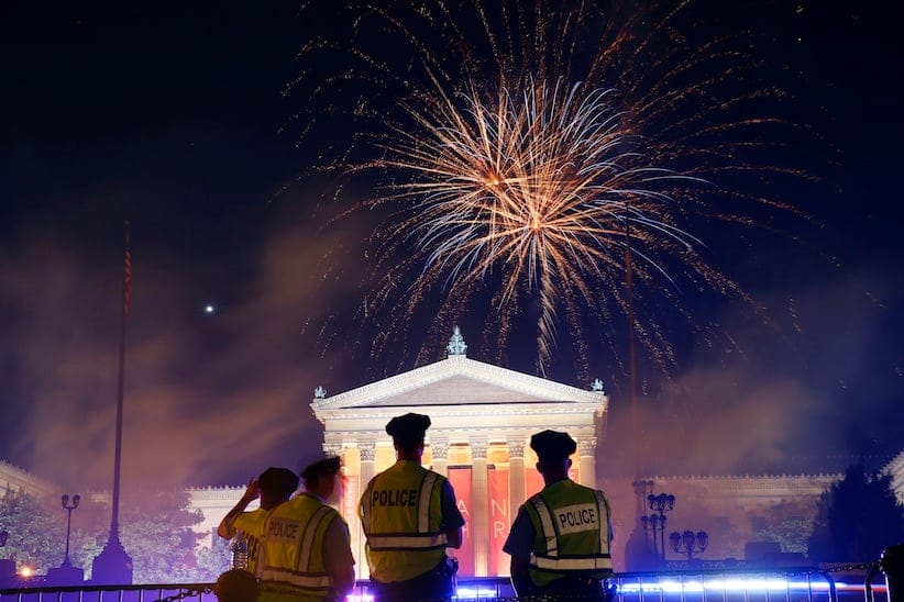 Fireworks explode over the Philadelphia Museum of Art during an Independence Day celebration, Friday, July 4, 2014, in Philadelphia. (AP Photo/Matt Rourke)