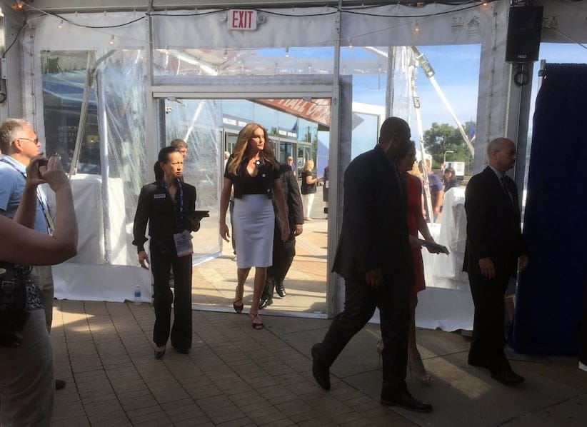 Caitlyn Jenner, center, arrives to speak at an American Unity Fund brunch at the Rock and Roll Hall of Fame in Cleveland on Wednesday, July 20, 2016, on the sidelines of the Republican National Convention. Jenner said it was easier to come out as transgender than it was as a Republican. The transgender activist and Olympic gold medalist was speaking at a breakfast at the Republican National Convention to promote LGBT inclusion in the GOP. (AP Photo/Josh Lederman)
