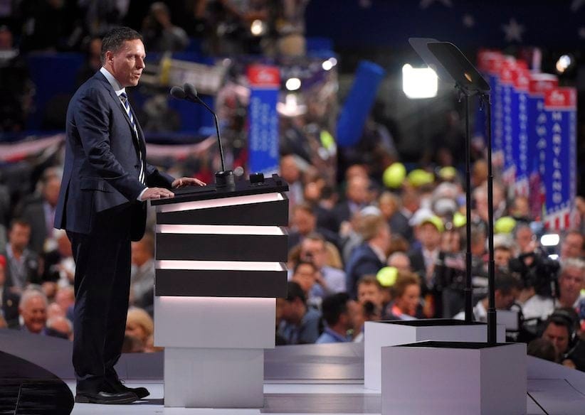 Entrepreneur Peter Thiel speaks during the final day of the Republican National Convention in Cleveland, Thursday, July 21, 2016. (AP Photo/Mark J. Terrill)