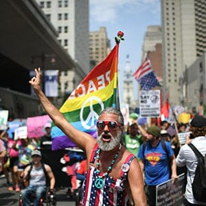Bernie Sanders supporters march down Broad Street, during the first day of the Democratic National Convention in Philadelphia on Monday, July 25, 2016. (Jabin Botsford/The Washington Post/Getty Images)