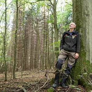 Peter Wohlleben, Foerster und Buchautor, vor Buchen und Fiechten in seinem Forstrevier. Portraet, Einzelportraet. Europa. Deutschland, Rheinland-Pfalz, Eifel, Huemmel. 29.09.2015.