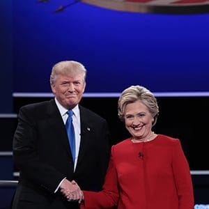 (L-R) Republican presidential nominee Donald Trump and Democratic presidential nominee Hillary Clinton shake hands prior to the start of the Presidential Debate at Hofstra University on September 26, 2016 in Hempstead, New York. The first of four debates for the 2016 Election, three Presidential and one Vice Presidential, is moderated by NBC's Lester Holt. (Drew Angerer/Getty Images)