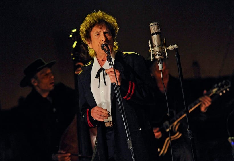 In this photo provided by CBS, musical guest Bob Dylan performs on the set of the “Late Show with David Letterman,” Tuesday, May 19, 2015 in New York. (Jeffrey R. Staab/CBS via AP)
