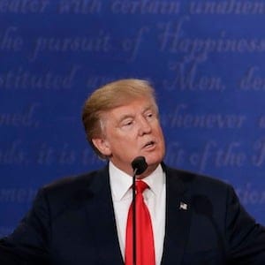 Republican presidential nominee Donald Trump speaks to Democratic presidential nominee Hillary Clinton during the third presidential debate at UNLV in Las Vegas, Wednesday, Oct. 19, 2016. (AP Photo/David Goldman)