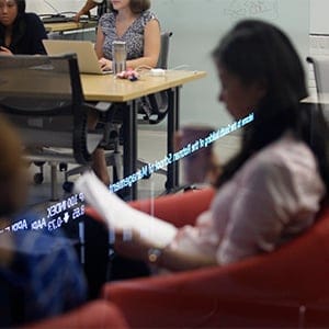 At the Creative Destruction Lab, inside the Rotman School of Management, MBA and PHDs are going through student applications to enter the Creative Destruction Lab. (Photograph by Jessica Darmanin)