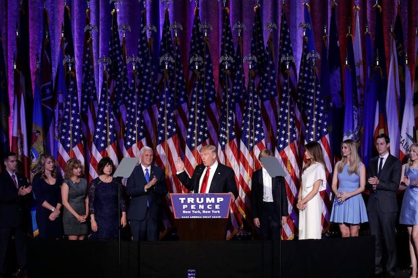 President-elect Donald Trump gives his acceptance speech during his election night rally, Wednesday, Nov. 9, 2016, in New York. (AP Photo/John Locher)