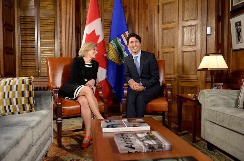 Prime Minister Justin Trudeau and Alberta Premier Rachel Notley speak during a meeting on Parliament Hill, Tuesday, Nov. 29, 2016 in Ottawa. THE CANADIAN PRESS/Justin Tang
