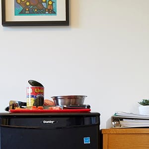 Dorm room cooking essentials include a mini-fridge, an 8-inch chef's knife, a mixing bowl, a can opener and a cutting board. (Photograph by Reena Newman)