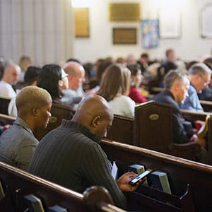 St. Pauls Anglican church on Bloor street in Toronto, Ontario encourages the use of modern luxuries and technolgies during congregations. The church considers itself very progressive in a traditional setting. (Photograph by Cole Garside)