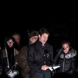 Justin Trudeau speaks in Ste-Foy, a suburb of Quebec city. A large crowd gathered for a vigil The day after the shooting. The Prime Minister, the Permier of Quebec and the Mayor of Quebec city spoke as well as community representatives. (Photograph by Roger LeMoyne)