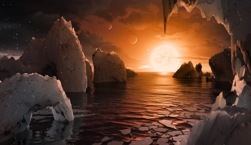 This illustration shows the possible surface of TRAPPIST-1f, one of the newly discovered planets in the TRAPPIST-1 system. Scientists using the Spitzer Space Telescope and ground-based telescopes have discovered that there are seven Earth-size planets in the system. (NASA/JPL-Caltech)