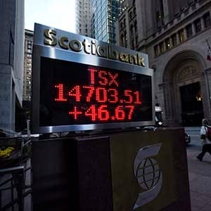 The following morning after Donald Trump's U.S. election victory, the TSX stock still shows positive signs as seen on a display outside Scotia Plaza on Nov 9 2016. (Fred Lum/The Globe and Mail/CP)