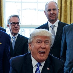 President Donald Trump announces the approval of a permit to build the Keystone XL pipeline, clearing the way for the $8 billion project, Friday, March 24, 2017 in the Oval Office of the White House in Washington, Friday, March 24, 2017. From left are, TransCanada CEO Russell K. Girling, Commerce Secretary Wilbur Ross and Energy Secretary Rick Perry. (Evan Vucci/AP Photo)