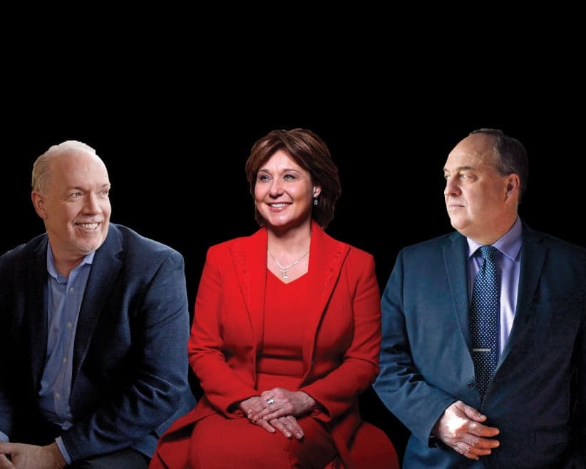 BC NDP leader John Horgan; BC Liberal leader Christy Clark; BC Green Party leader Andrew Weaver