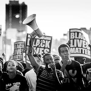 Desmond Cole at the BLMTO action that closed down the Allen Road in response to the murders of Jermaine Carby and Andrew Loku. (Jalani Morgan)