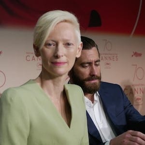 Tilda Swinton and Jake Gyllenhaal at the press conference for "Okja" at the Cannes Film Festival