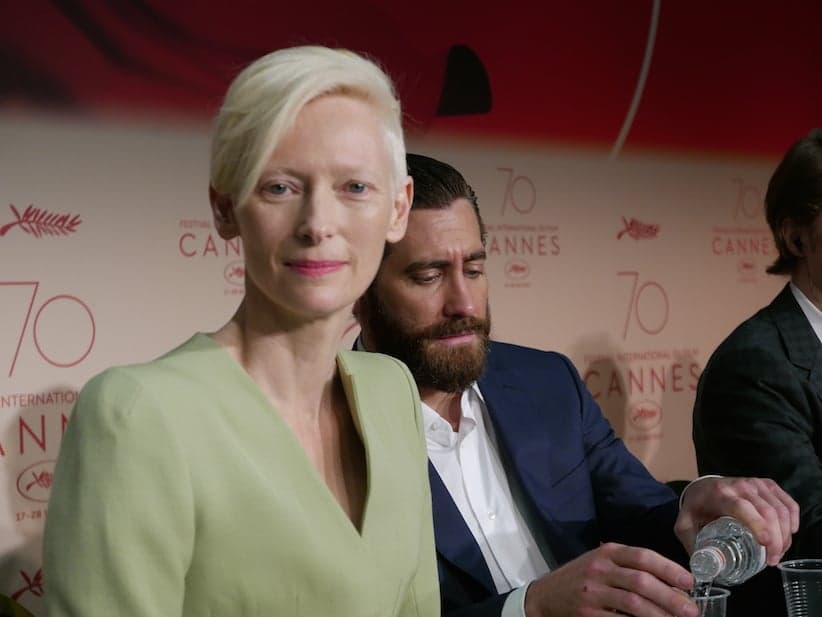 Tilda Swinton and Jake Gyllenhaal at the press conference for "Okja" at the Cannes Film Festival