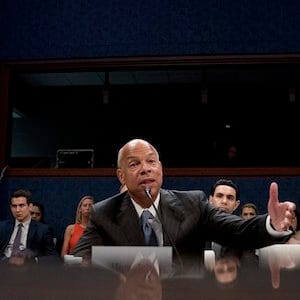 Former Homeland Security Secretary Jeh Johnson testifies to the House Intelligence Committee task force on Capitol Hill in Washington, Wednesday, June 21, 2017, as part of the Russia investigation. (AP Photo/Andrew Harnik)