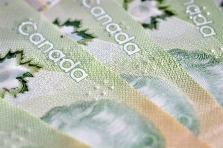 A close up image of Canadian $20 dollar bills