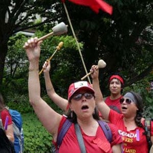 Indigenous activists protest at Carolyn Bennett's Canada Day BBQ. (Photograph by Kris Hessey)
