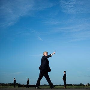 US President Donald Trump walks towards Air Force One to board the plane at Morristown Municipal Airport on September 22, 2017 in Morristown, New Jersey.
Trump is on his way to Huntsville, Alabama, where he will speak at a rally for Sen. Luther Strange. (Brendan Smialowski/AFP/Getty Images)
