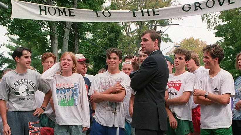 Prince Andrew Duke of York, chats with students from Lakefield College in Lakefield Sept. 26, 1992. The Prince was on hand to start a cross-country race as part of the college's homecoming and kick-off a fundraiser to build a new resource center. (Hans Deryk/CP)
