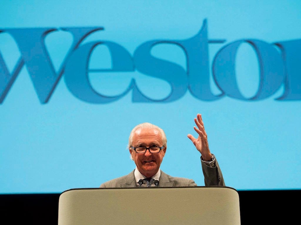 W. Galen Weston, Executive Chairman of the Board speaks to shareholders at the George Weston Limited annual general meeting in Toronto, on Tuesday, May 12, 2015. THE CANADIAN PRESS/Nathan Denette
