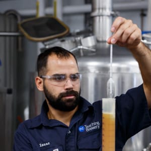 Isaac Bauman tests the beer's gravity with the help of a Hydrometer, in the Niagara College Teaching Brewery on October 13, 2017. (Photograph by Cole Burston)