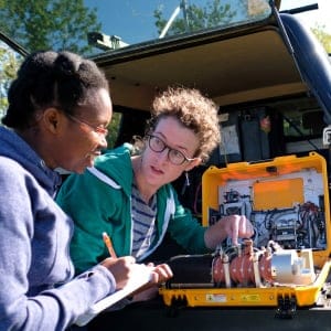 StFX FluxLab students and technicians work with Earth Sciences professor, Dave Risk, developing state-of-the-art sensors that detect CO2 and methane emissions in a variety of environments, including oil and gas fields. Their goal is to help reduce Greenhouse Gas emissions. From left to right, Susan Gichuki PhD, Alex Tevlin PhD, and Nadia Tarakki MSc candidate. (StFX)