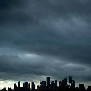 A view of the Houston skyline after heavy rains broke during the aftermath of Hurricane Harvey August 29, 2017. Harvey has set what forecasters believe is a new rainfall record for the continental US, officials said Tuesday. Harvey, swirling for the past few days off Texas and Louisiana has dumped more than 49 inches (124.5 centimeters) of rain on the region. (Brendan Smialowski/AFP/Getty Images)