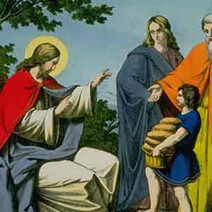 Jesus Christ and the miracle of the loaves and fishes ((John 6: 1-13), from COTTAGE PICTURES FROM THE NEW TESTAMENT, 1856. (Photo by Time Life Pictures/Mansell/The LIFE Picture Collection/Getty Images)