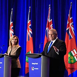 Ontario PC leadership candidate Doug Ford speaks as candidates Tanya Granic Allen, left, Caroline Mulroney and Christine Elliott participate in a debate in Ottawa on Wednesday, Feb. 28, 2018. THE CANADIAN PRESS/Justin Tang