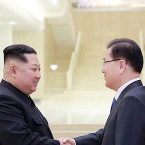 In this Monday, March 5, 2018 photo, provided by the North Korean government on March 6, North Korean leader Kim Jong Un, left, shakes hands with South Korean National Security Director Chung Eui-yong in Pyongyang, North Korea. Independent journalists were not given access to cover the event depicted in this image distributed by the North Korean government. The content of this image is as provided and cannot be independently verified. Korean language watermark on image as provided by source reads: "KCNA" which is the abbreviation for Korean Central News Agency. (Korean Central News Agency/Korea News Service via AP)