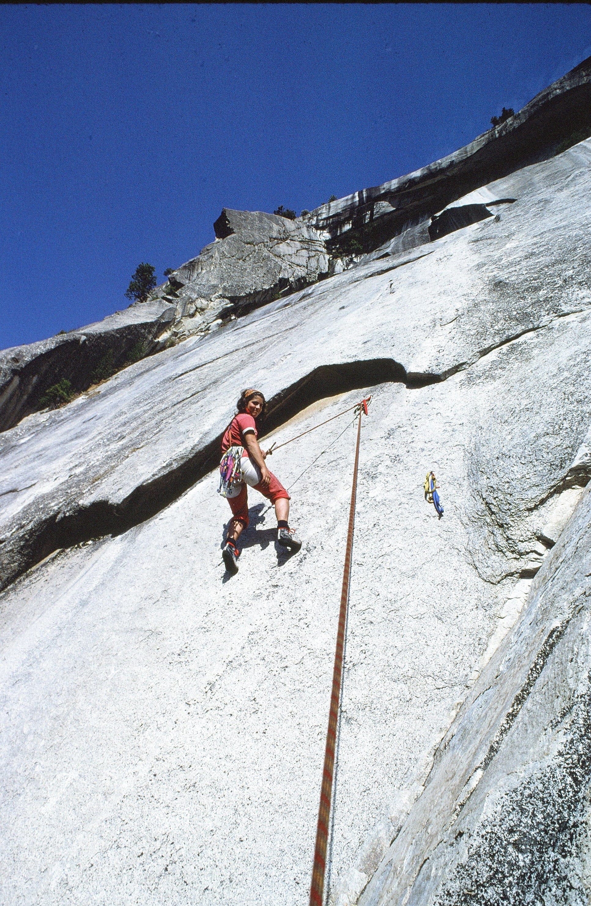 Jan Redford leading the pendulum pitch on Royal Arches in Yosemite in 1982. (Gary Bocarde)