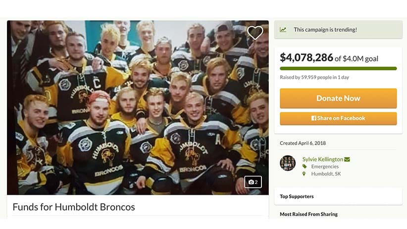 Screengrab of the GoFundMe page for the victims of the Humboldt Broncos bus crash, as of 7:30 pm on Sunday, April 8